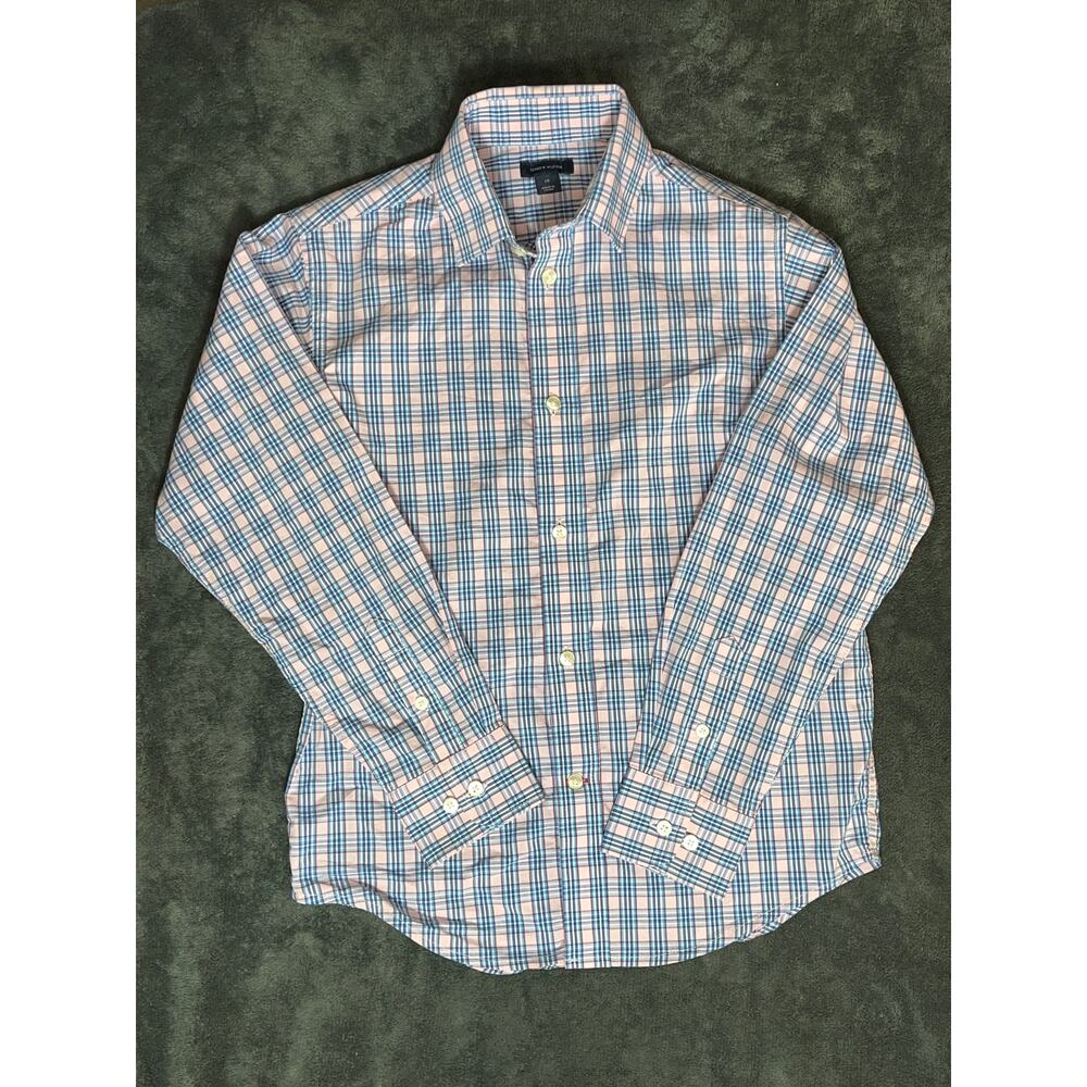 Boys, Tommy Hilfiger, pink and blue plaid long sleeve button-down shirt 10